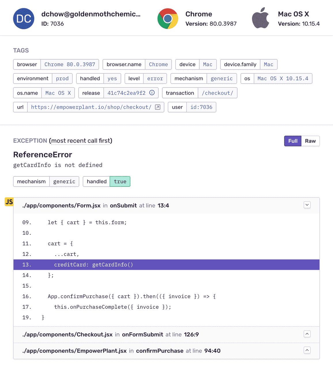 Issue detail with full stack trace