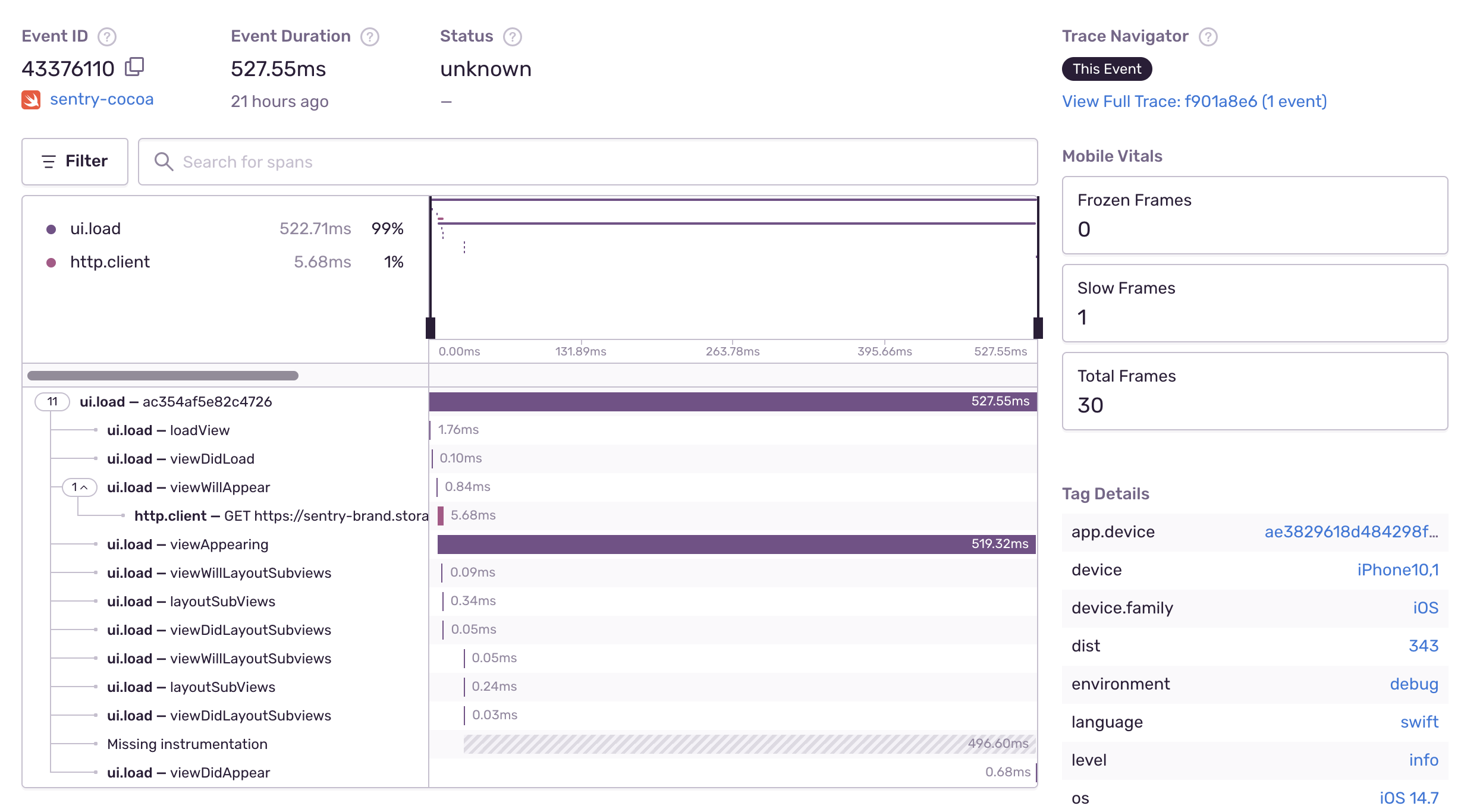 Sentry performance monitoring showing mobile vitals