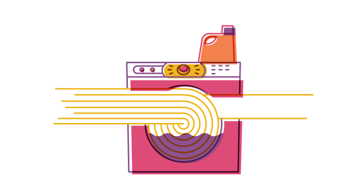 Illustration of a washing machine scrubbing data, symbolizing data cleansing and privacy protection.