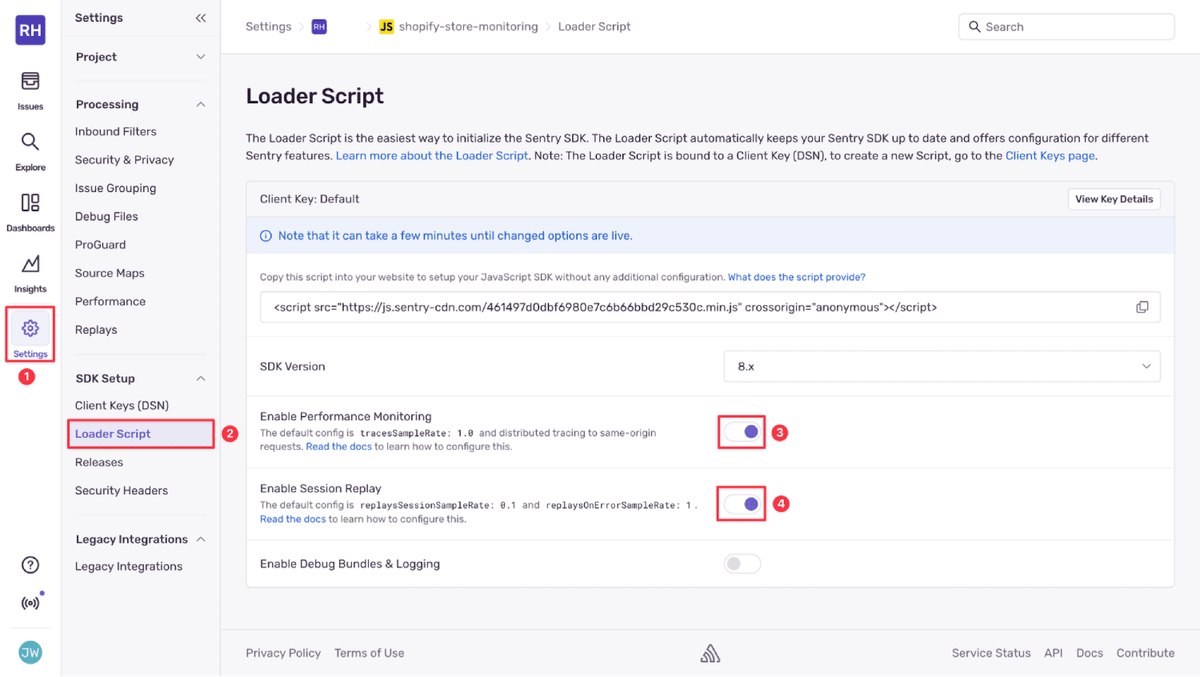 Screenshot of the Sentry project settings showing the Loader Script configuration page. The ‘Enable Performance Monitoring’ and ‘Enable Session Replay’ toggles are both switched on, demonstrating how to activate monitoring features for a Shopify store integration.