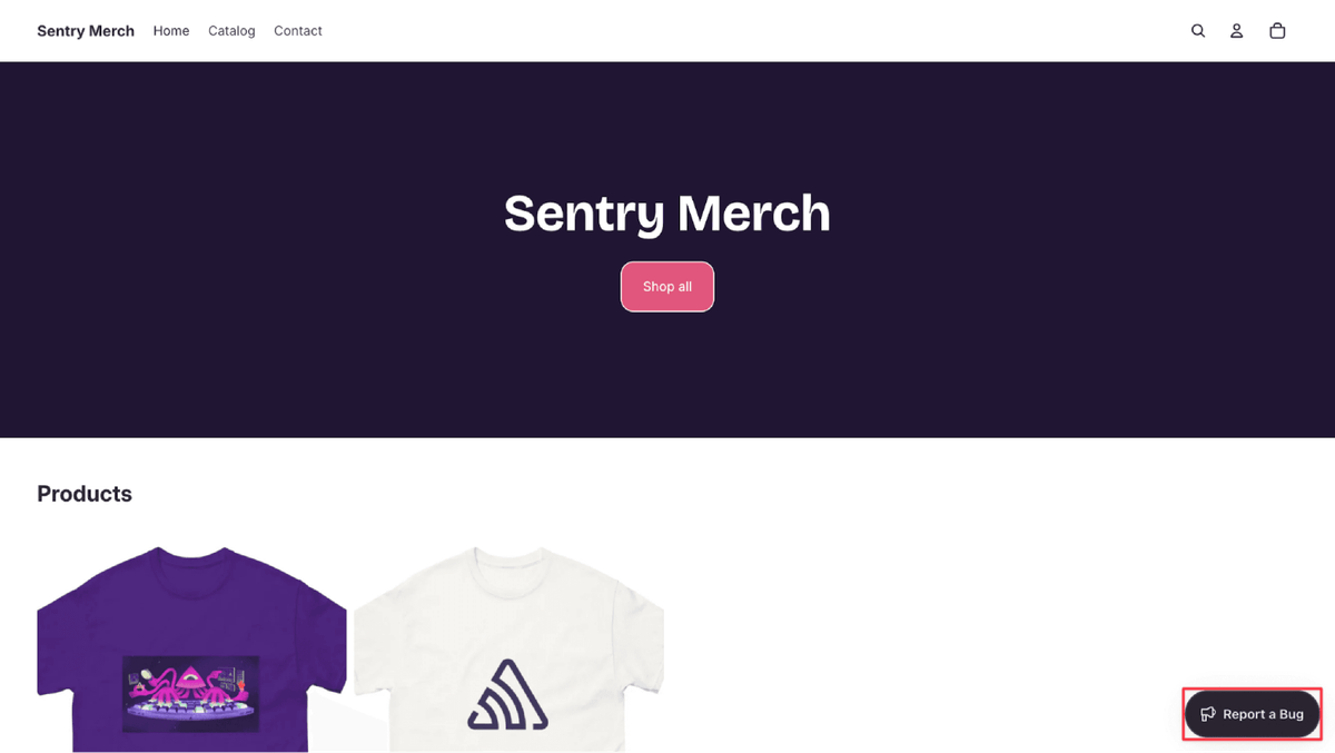Screenshot of a Shopify store homepage titled “Sentry Merch” showing two t-shirt products and the Sentry feedback widget labeled “Report a Bug” highlighted in the bottom-right corner.