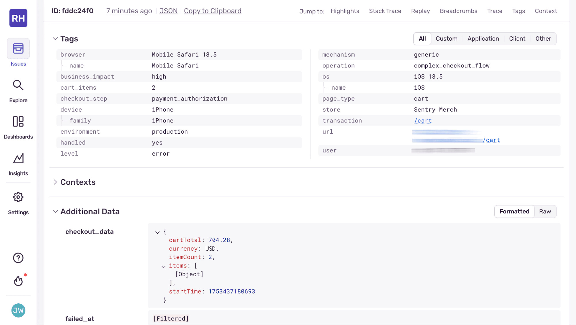 Screenshot of the Sentry error details view showing tags and context for a Shopify checkout failure, including device information, environment, checkout step, and additional data such as cart total, currency, and item count.