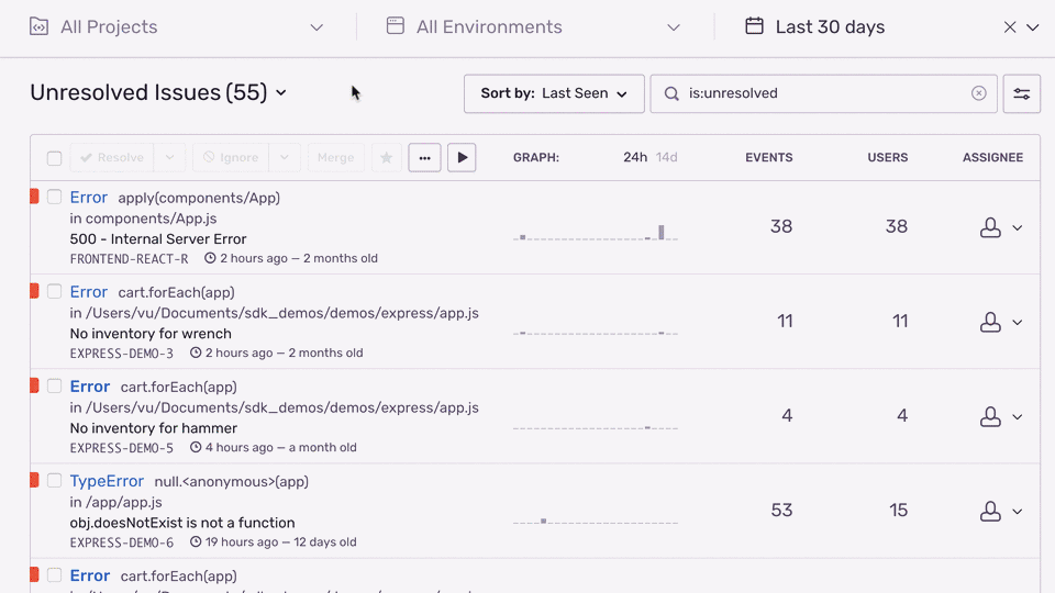Sentry Cross-Project Issues feature showcasing filtering and issue tracking.